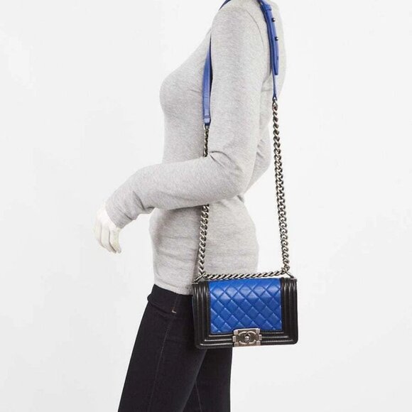 Chanel Blue/Black Quilted Lambskin Leather Small Boy Bag - Picture 2 of 9